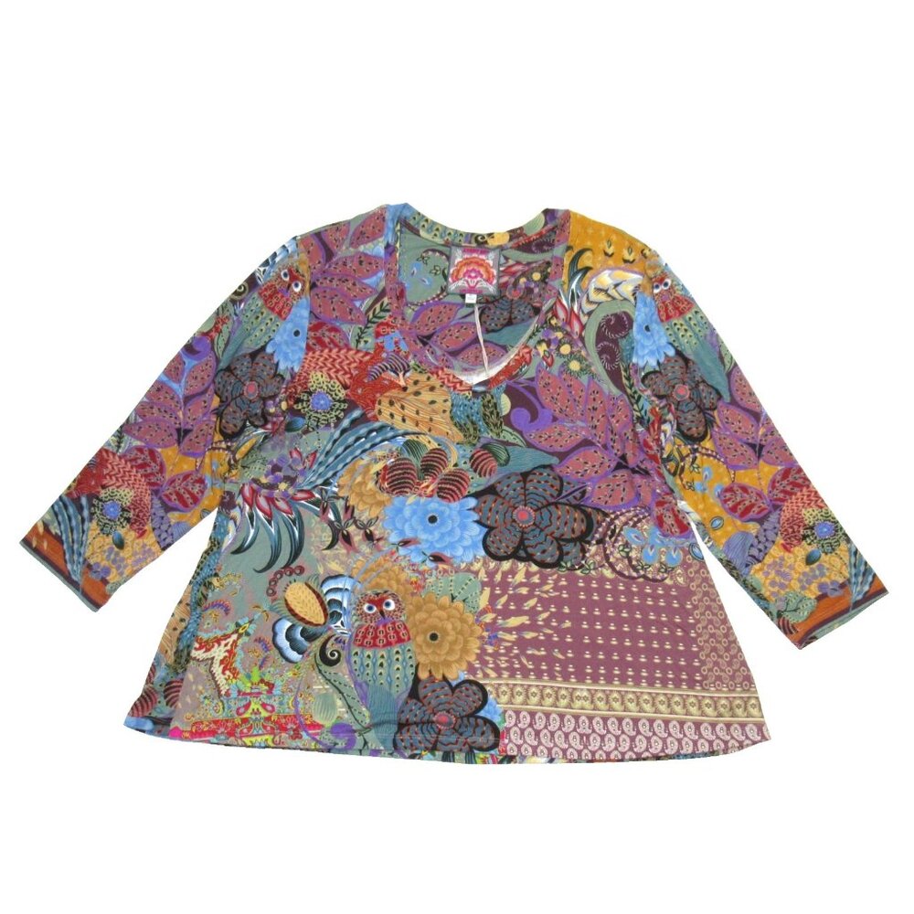 NWT Johnny Was Madison Favorite V-Neck Floral Owl Swing Tee Jersey T-Shirt XL